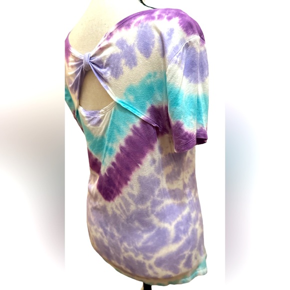 New Directions Colorful Purple Blue Tie Dye Open Back Bow Women’s Shirt Large - Picture 5 of 7